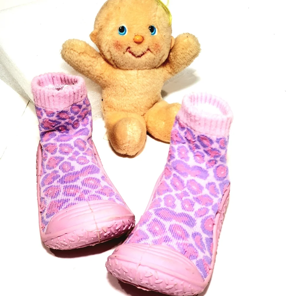 Lily & Dan Pink Purple Leopard Print Rubber Grip Slipper Socks Shoe Size 18-24M